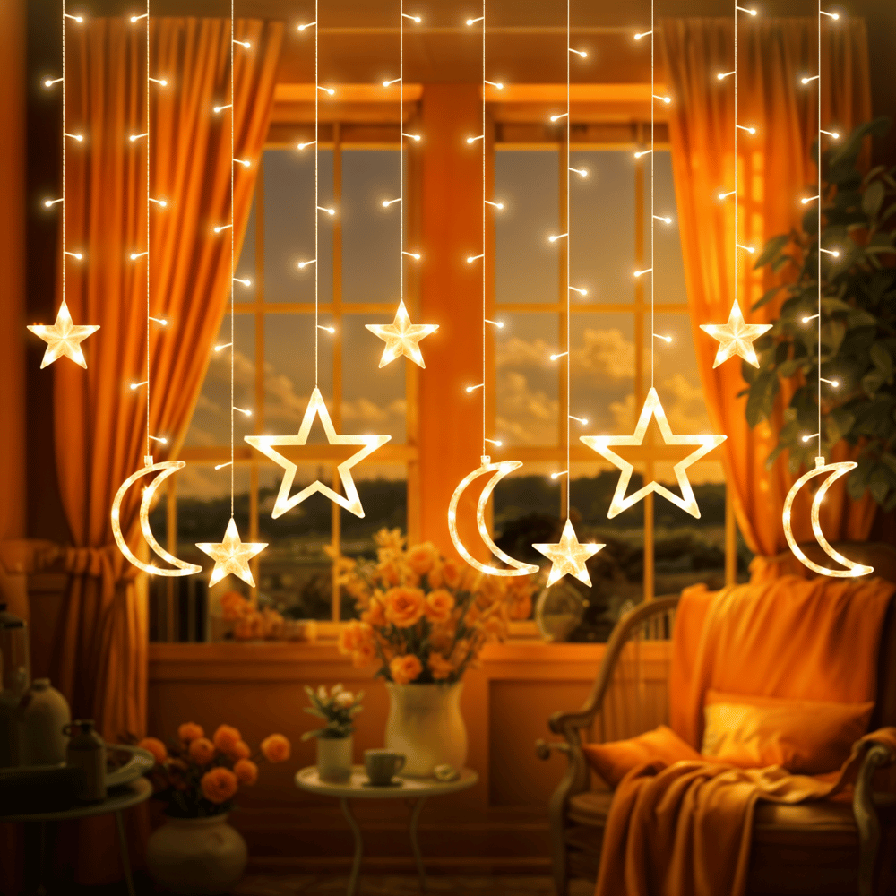A cozy Ramadan-themed home decoration featuring warm fairy lights in the shape of stars and crescent moons.