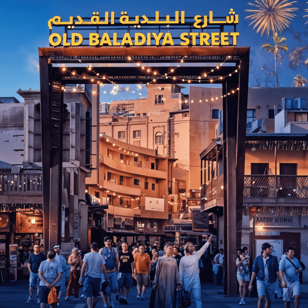 A vibrant street scene at night in an old Middle Eastern market, adorned with Ramadan lights and people shopping.