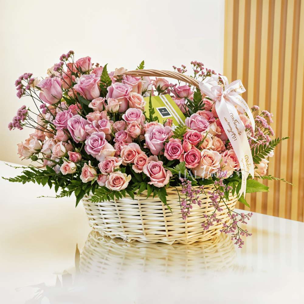 A pink rose basket with chocolates included.