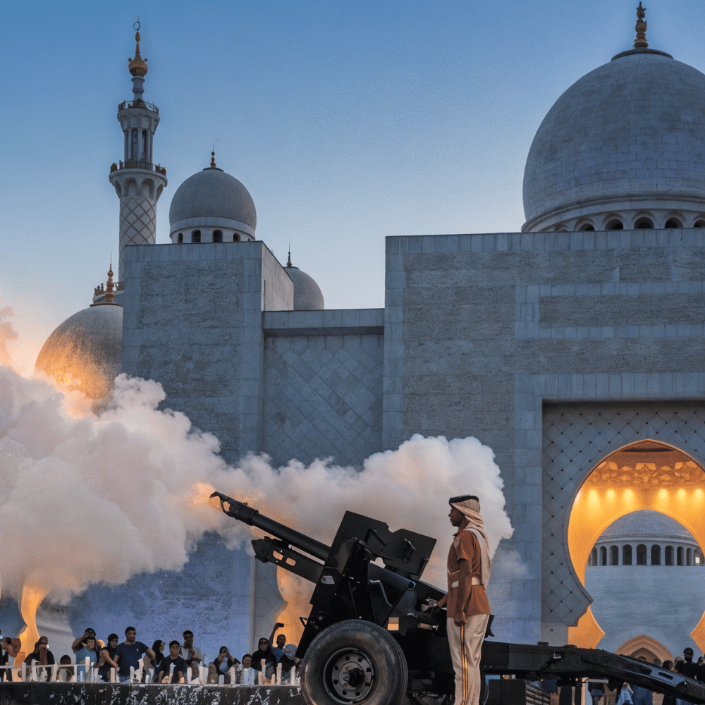 A Ramadan cannon being fired outside a grand mosque, marking the end of fasting at sunset.