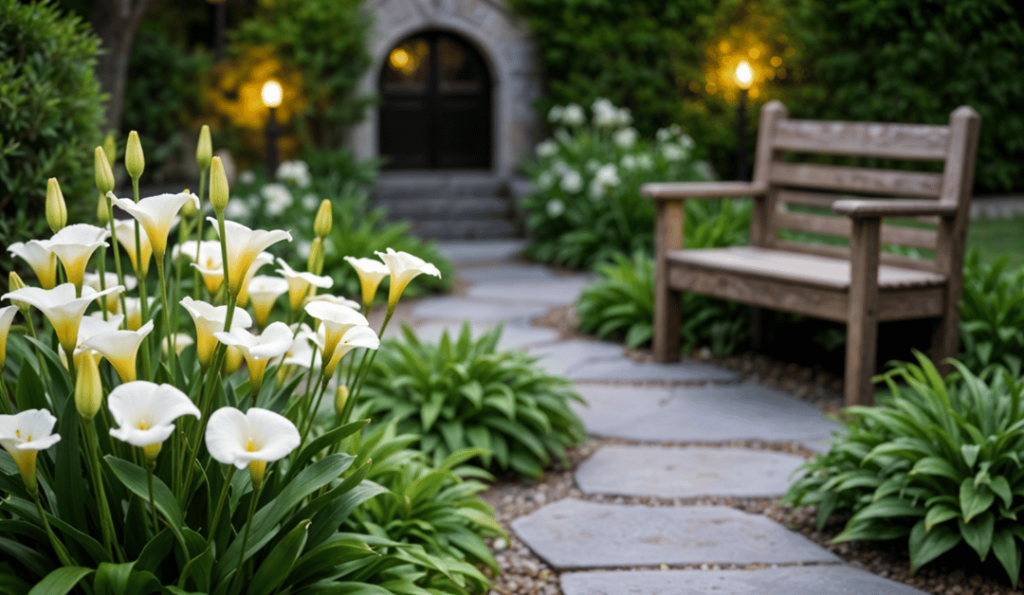 Lush outdoor garden with blooming white calla lilies, a wooden bench, and a stone pathway, showcasing outdoor plants.